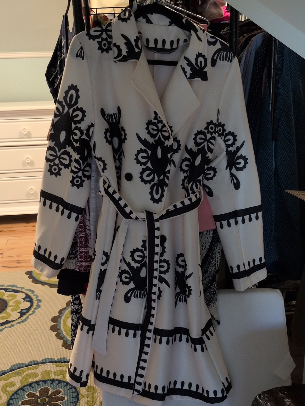 Gorgeous Black and White Floral Belted Trench Coat